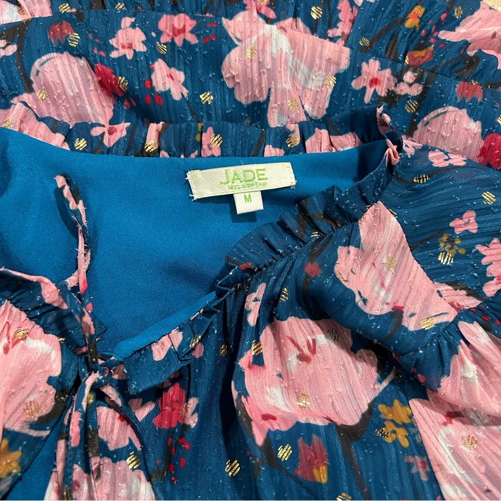 Jade - Melody Tam Blue Midi Dress with Pink Flowers - Gold Accents Size M - Picture 9 of 10